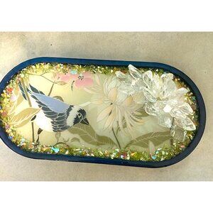 Handcrafted Bird with Flowers Resin Oval Tray with Crystals Rich Cobalt Back